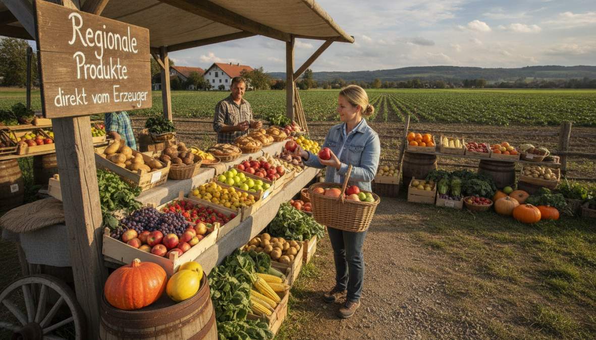 Bäuerin an einem Hofstand mit frischen regionalen Produkten wie Gemüse, Obst und Kräutern, Kundin beim Einkaufen