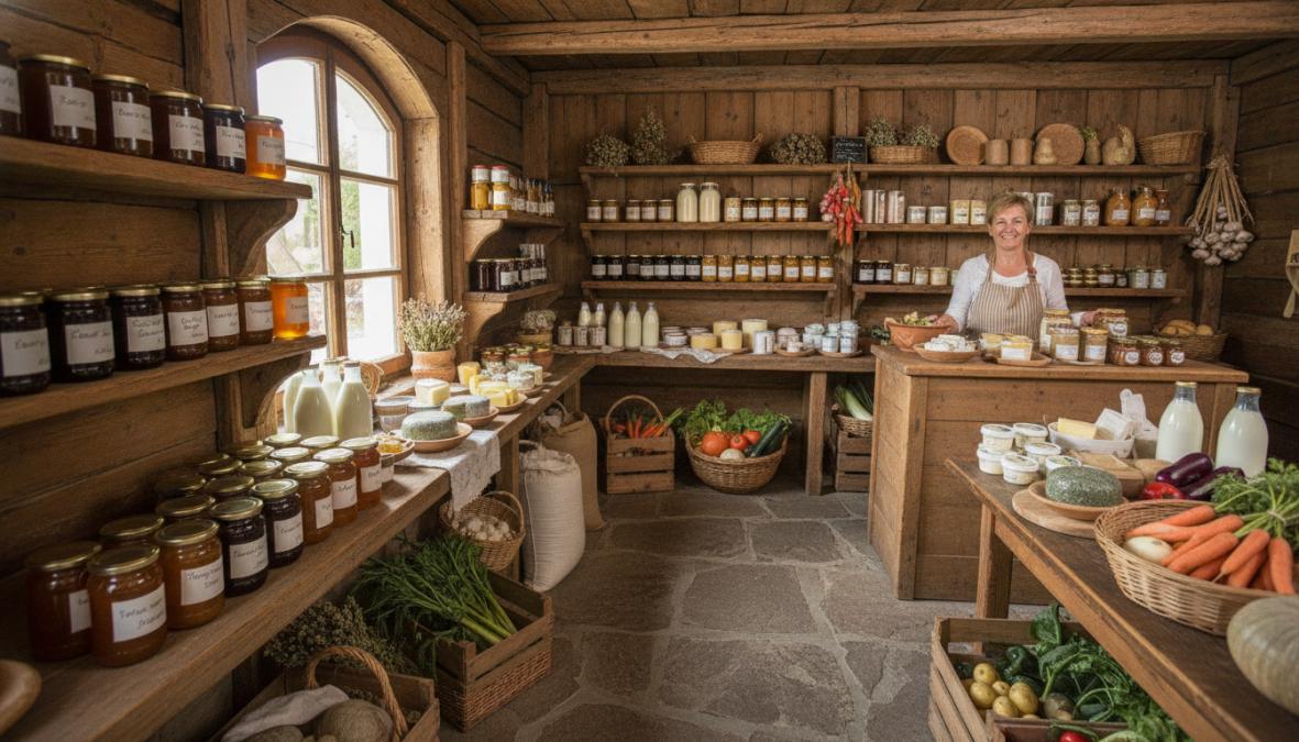Rustikaler Hofladen in Kärnten mit Holzregalen voller Honiggläser, frischem Gemüse und Milchprodukten, warmes natürliches Licht und ein handgeschriebenes Preisschild gut sichtbar