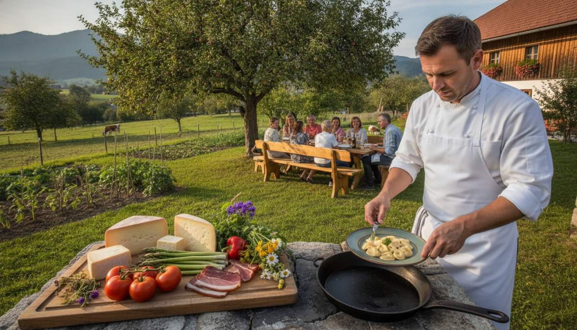 Koch in einer Kärntner Restaurantküche bereitet ein Gericht mit frischen lokalen Zutaten zu, Gemüse, Käse und Kräuter auf einem Holzschneidebrett angerichtet, warmes Küchenlicht