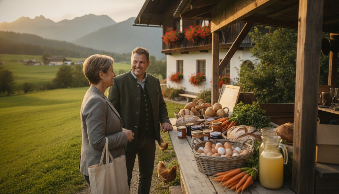 Eine Kundin und ein Bauer an einem rustikalen Hofstand in Österreich, beim Austausch von frischem Gemüse und Eiern in warmem natürlichem Licht, mit einem hölzernen Wirtschaftsgebäude im Hintergrund