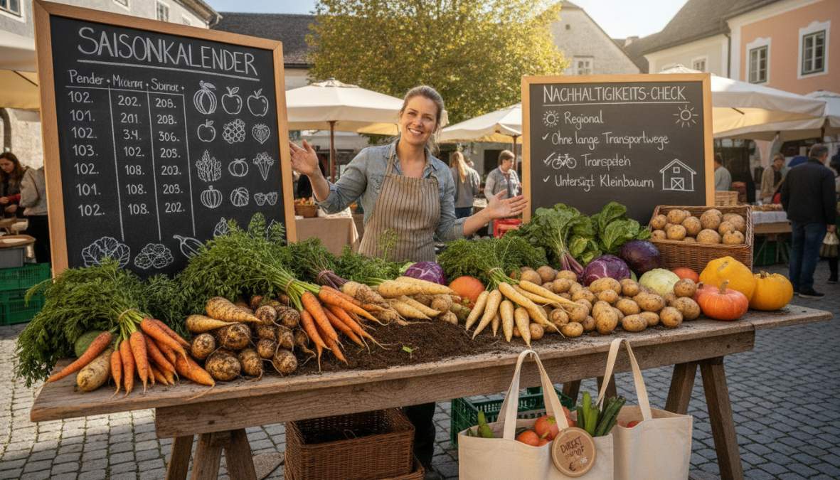 Hölzerner Markttisch beim Direktvermarkter Österreich mit saisonalen Kürbissen, Äpfeln und frischem Gemüse im Herbstlicht.