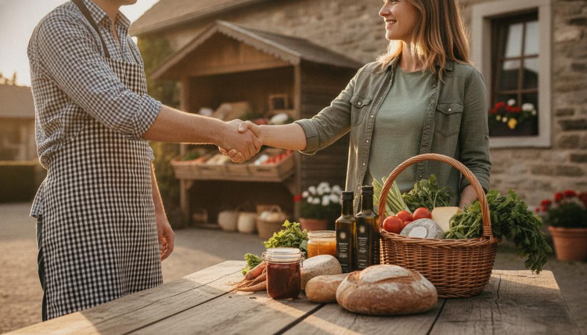 Gastwirt und Direktvermarkter schütteln sich die Hand in einem Hofladen, umgeben von frischen Gemüsekisten und regionalen Produkten bei natürlichem Licht