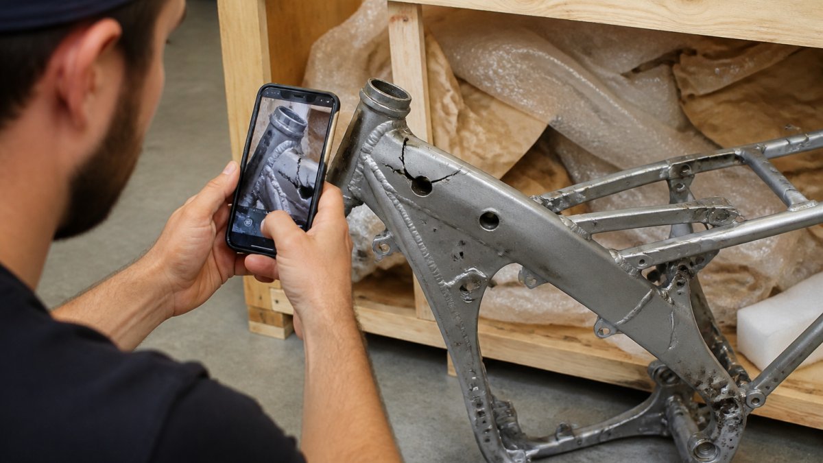 Person photographing a damaged dirt bike frame with a smartphone, showing visible cracks on the metal, with the shipping crate and packing materials visible in the background