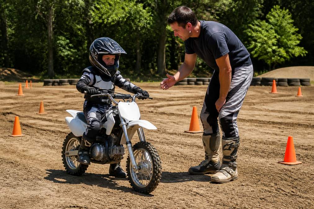 Young beginner rider in full protective gear sitting on a 50cc dirt bike at a closed-course training facility with an instructor standing nearby offering guidance