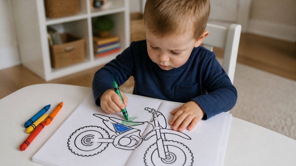 Young toddler sitting at a small table with a coloring book open, holding thick crayons, focused on coloring a simple dirt bike illustration with bold black outlines