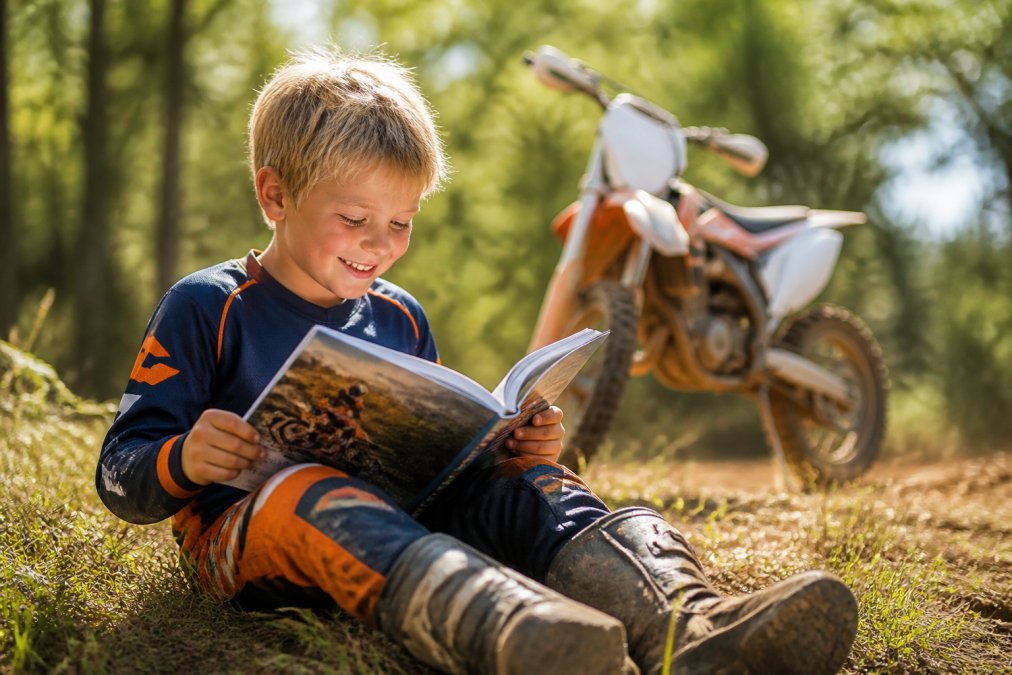 Young child sitting outdoors on a sunny day with a motocross storybook open on their lap, smiling while reading, with a dirt bike visible in the background