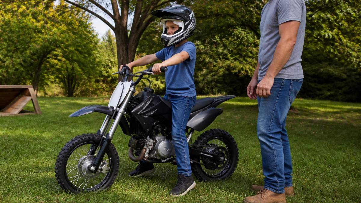 Child sitting on a dirt bike with feet touching the ground to check the proper dirt bike size chart fit.