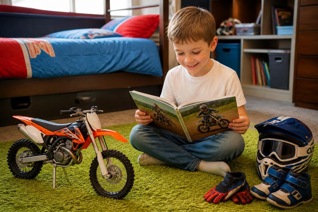 Young child sitting cross-legged on a bright carpet, smiling while reading a dirt bike storybook, with a toy motocross bike and colorful safety gear displayed on the floor beside them