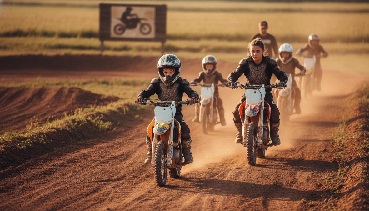 Young dirt bike rider demonstrating proper standing position on a motocross bike with knees gripping the seat and body centered over the bike on a training track