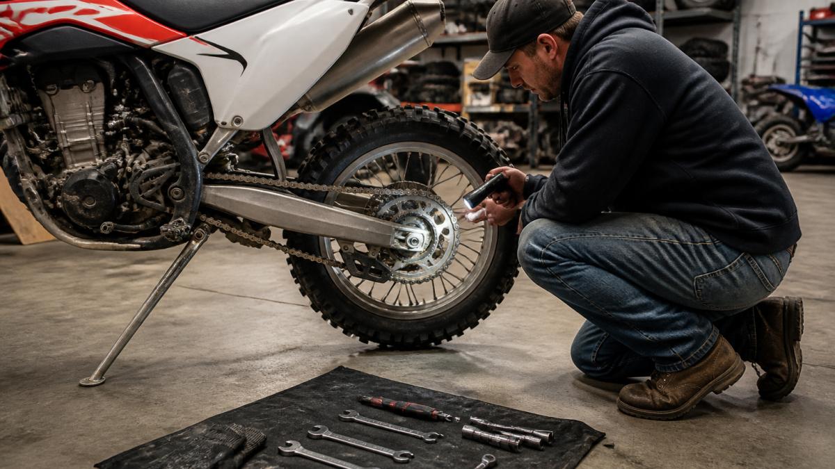 A person kneeling beside a used dirt bike in a garage, checking the chain and rear sprocket with a flashlight, tools laid out on a mat nearby