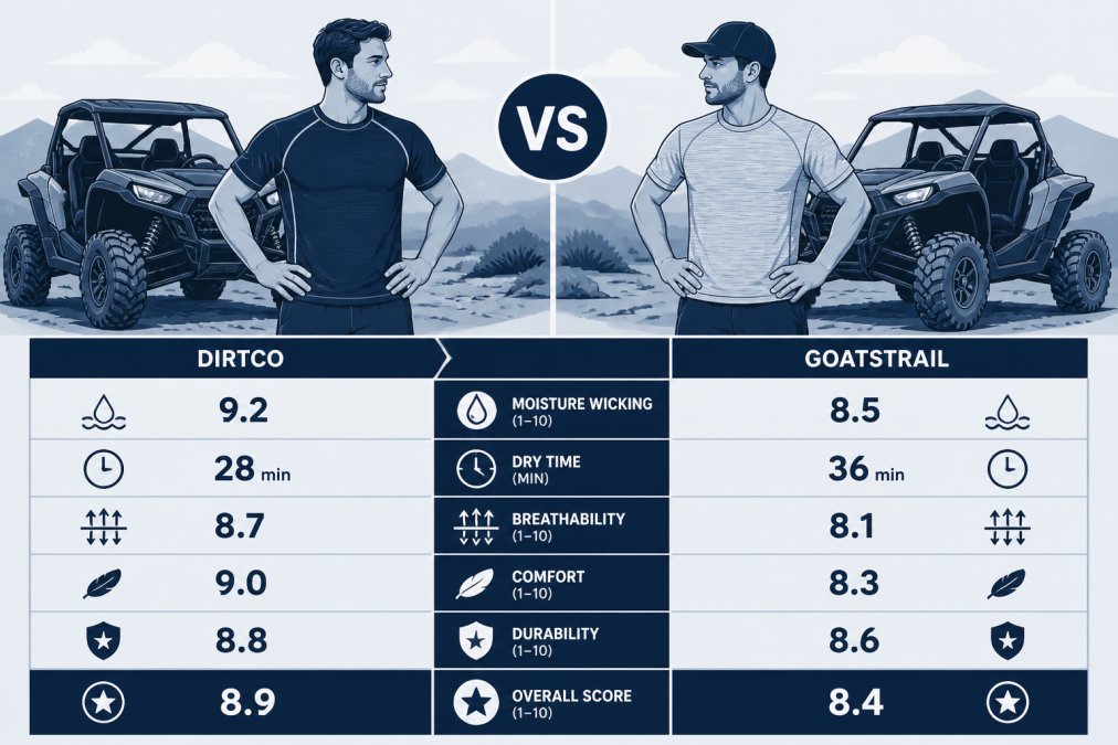 Comparison chart evaluating moisture-wicking properties of performance shirts worn by riders on a dusty trail.