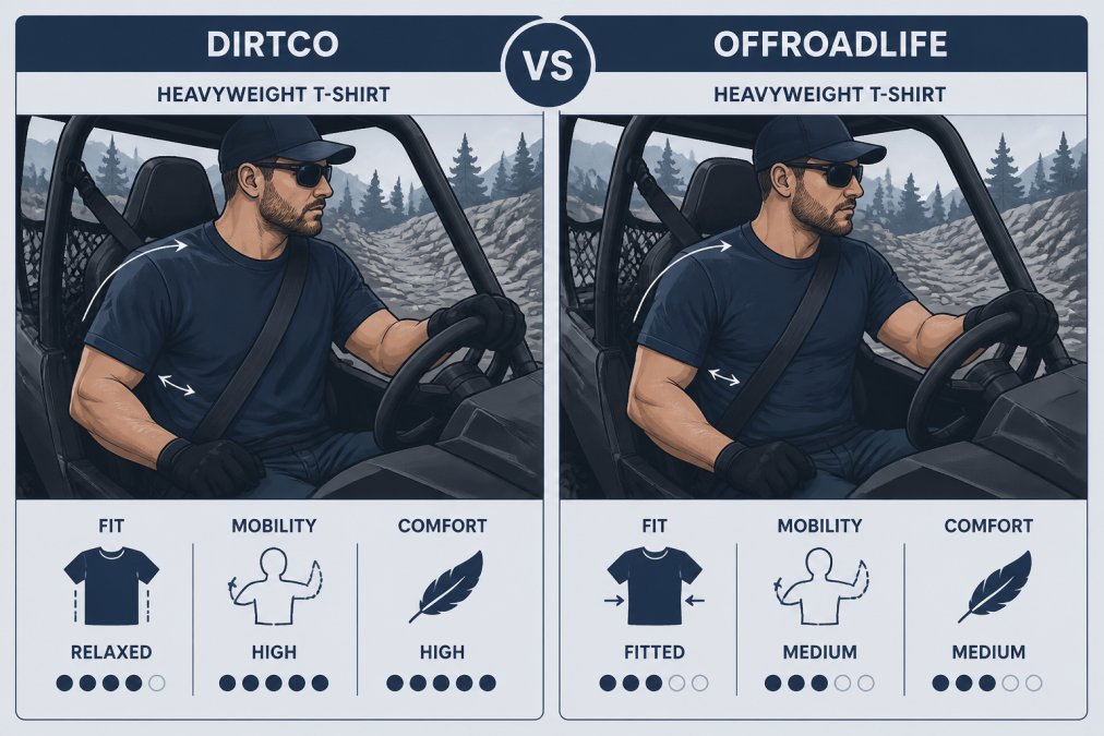 Off-road rider wearing a heavyweight T-shirt while sitting in a side-by-side vehicle on a rocky trail, showing how the shirt fits and moves during outdoor activity