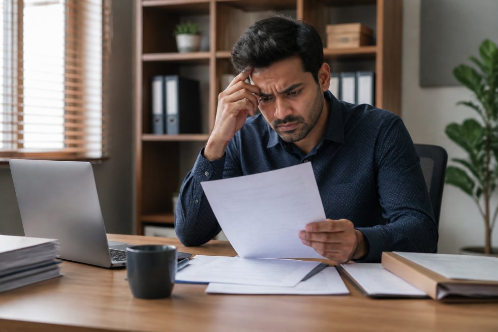 Business owner reviewing complex bank paperwork for a mini gmbh in a home office setting