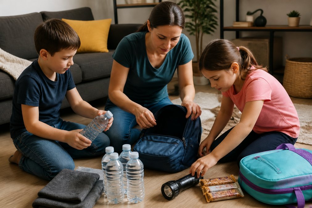 A parent and two children packing a 72-hour emergency go-bag for their family disaster plan in the living room.