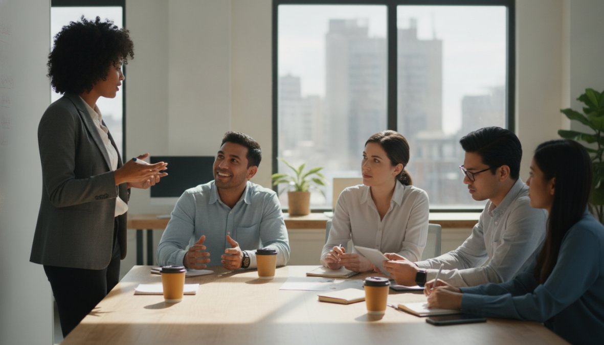 A diverse sales team in a modern office collaborating during a training session, showing different personality types engaged in conversation and discussion
