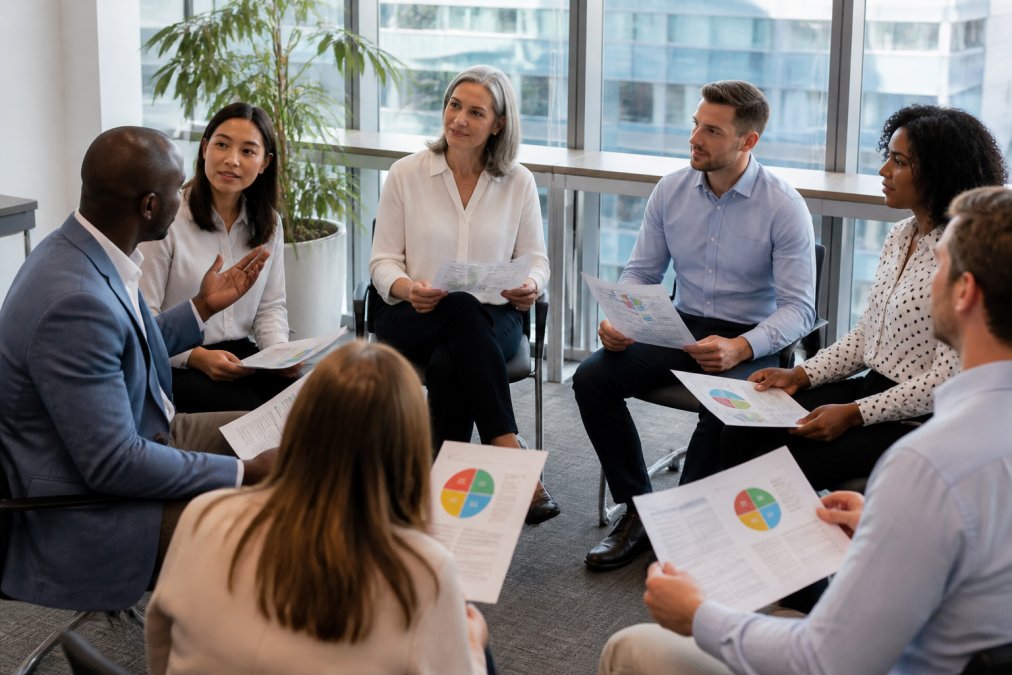 Corporate trainer facilitating a workshop where employees discuss their DiSC assessment reports in a modern office