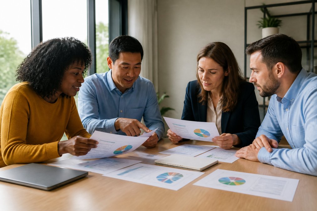 Team members reviewing printed DiSC profiles together at a conference table, pointing at results and discussing insights in a bright, modern office setting with natural window lighting