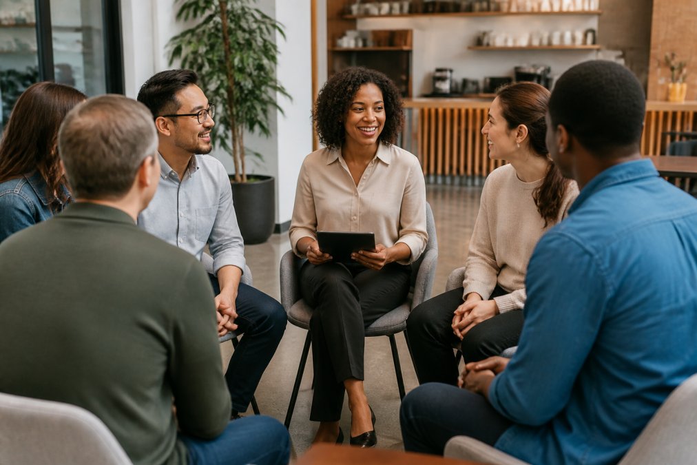 A facilitator leading a group of employees in a discussion about disc assessments in a modern office.