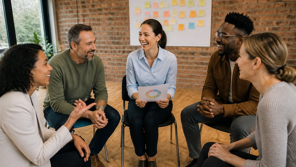 Diverse professionals laughing in a circle during a DISC facilitation workshop with sticky notes on the wall.