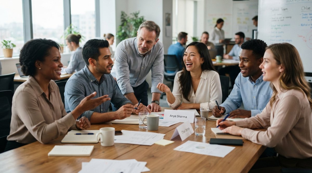 Diverse team of professionals engaged in collaborative discussion around a conference table in a modern office, demonstrating workplace communication and interaction