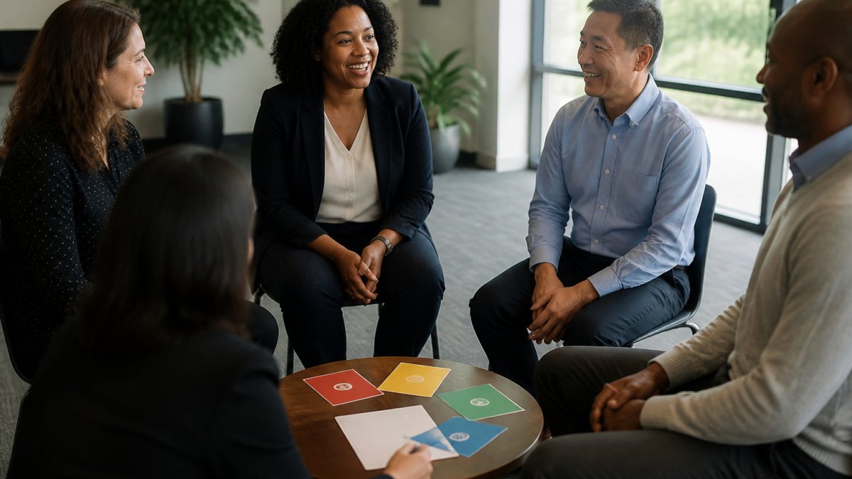 Diverse managers in a circle discussing DiSC training cards during a workshop session.