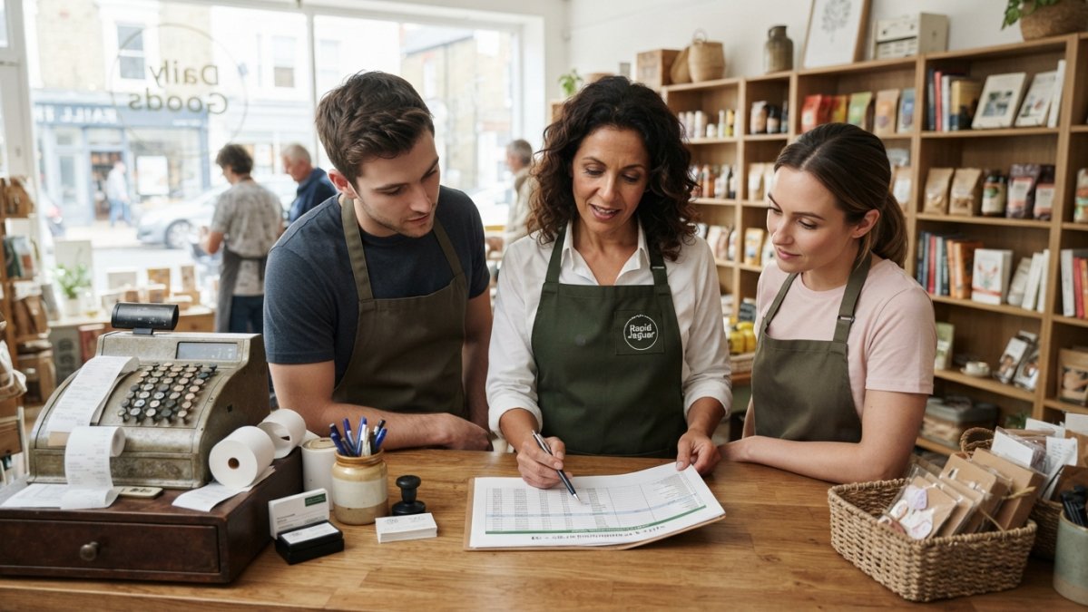 Small business owner and staff using a laptop to discern alternatives in retail sales and scheduling reports