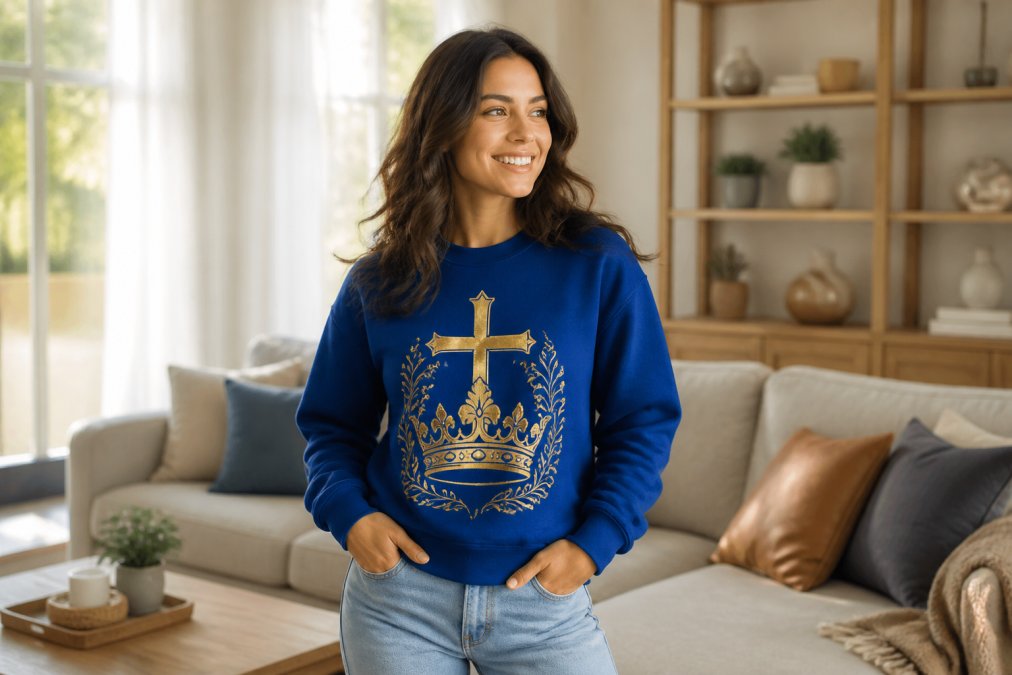 A woman in a royal blue and gold graphic Christian sweatshirt smiling in a bright, casual living room with natural window light