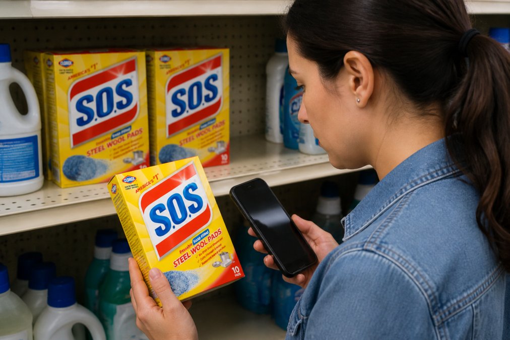 Person reviewing product labels and comparing prices on a smartphone while shopping, household items visible on shelf in background