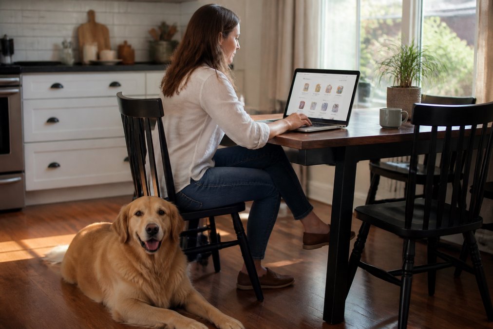 A woman sitting at a kitchen table with a laptop open to a pet supplies website, a golden retriever resting contentedly on the floor beside her chair, warm afternoon light coming through a nearby window