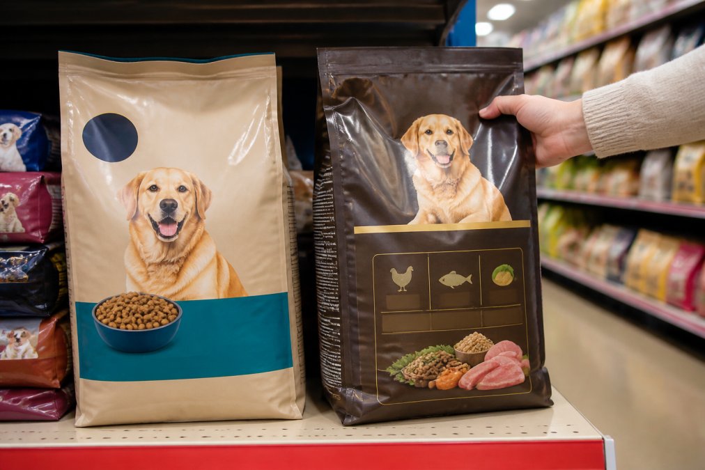 Two dog food bags placed side by side on a store shelf, one a budget value brand with simple packaging and one a premium brand with detailed ingredient labeling, a hand reaching toward the premium bag, bright retail lighting