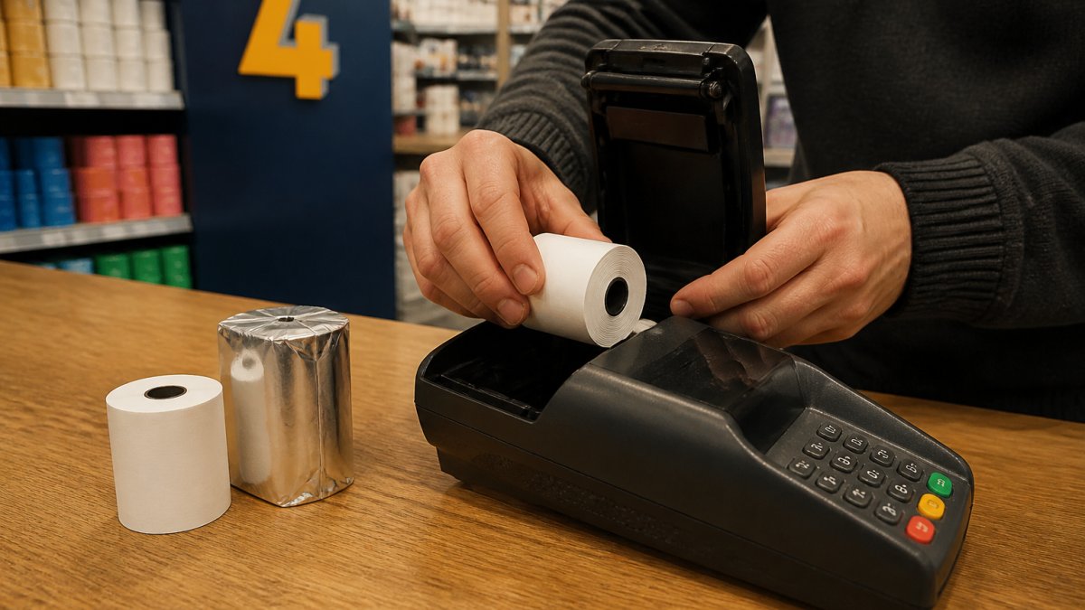 Close-up of hands loading a thermal till roll into a card machine on a shop counter, with a spare roll and its packaging resting nearby under warm shop lighting