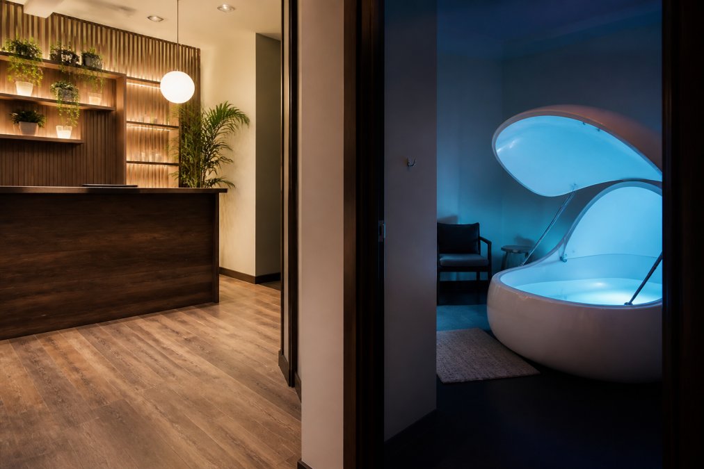 Split-scene photograph showing a modern wellness spa reception area with warm wood tones on one side and a serene float therapy room with a pod and soft blue lighting on the other
