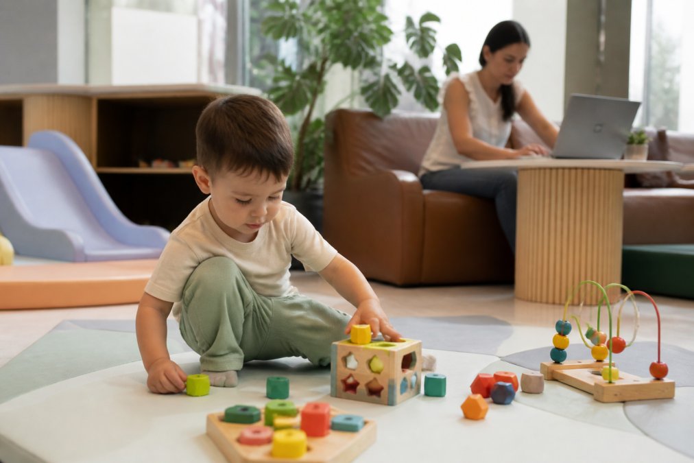 A toddler playing with colorful educational toys on a soft play mat inside a bright, clean indoor playground while a parent works on a laptop in the background at a comfortable seating area at a comfortable seating area