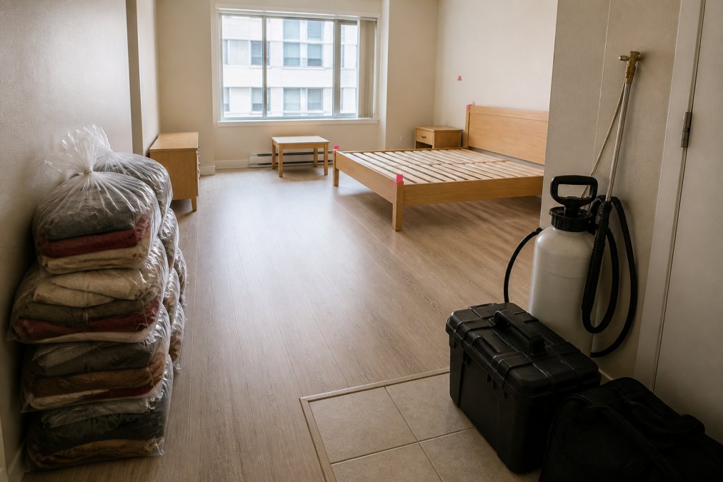 Rental unit interior with decluttered surfaces, sealed plastic bags of personal items stacked neatly, marked treatment areas on walls and furniture, pest control equipment staged at entrance