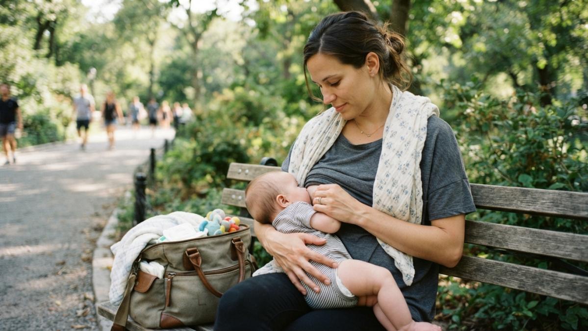 Mother breastfeeding her baby on a park bench while wearing a relaxed cotton top with a light scarf nearby.