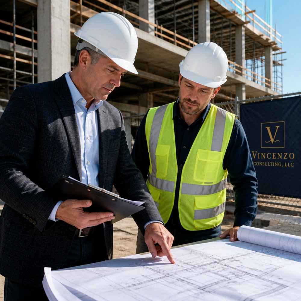 Professional owner's representative in hard hat reviewing detailed construction plans on-site with contractor, holding clipboard, modern commercial building structure visible in background with natural daylight