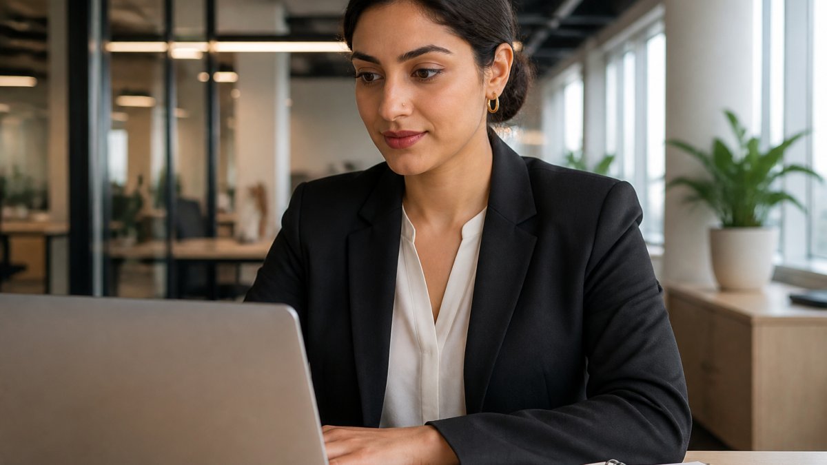 Professional woman wearing a subtle gold nose stud and small hoop earring at a modern office desk