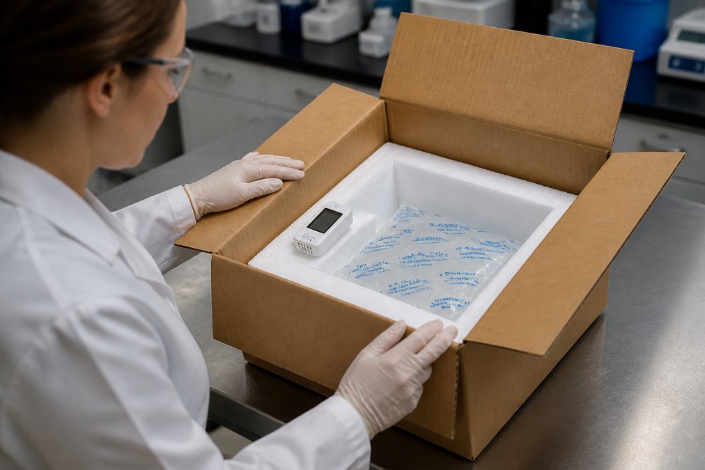 Researcher unpacking a temperature-controlled box for discreet chemical shipping on a laboratory bench.