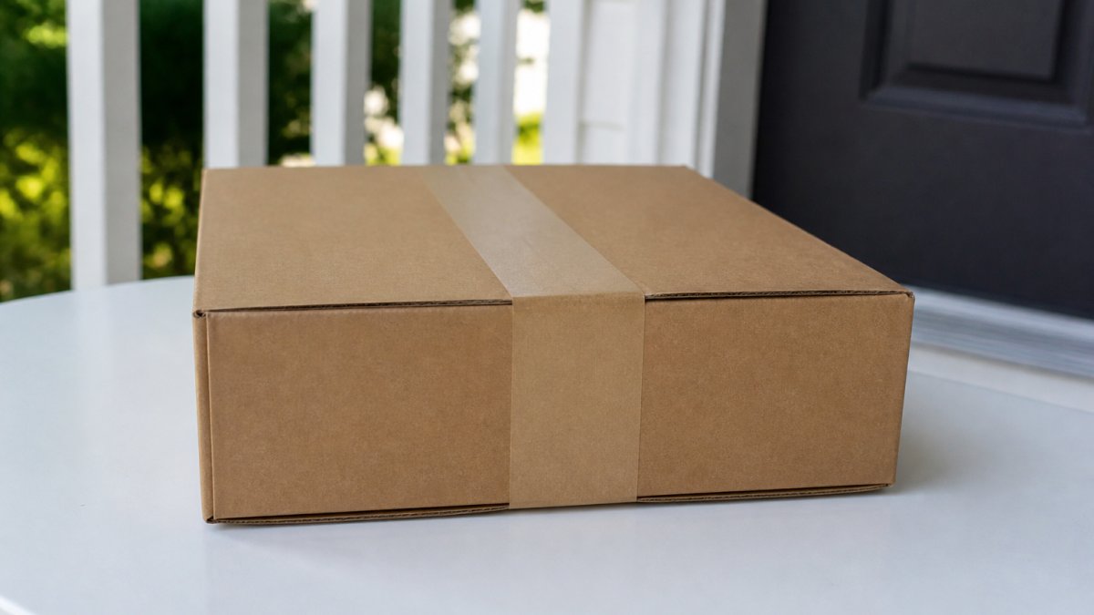 Close-up of a plain brown cardboard shipping box sealed with neutral tan tape, no visible branding or product names, positioned on a white surface ready for delivery