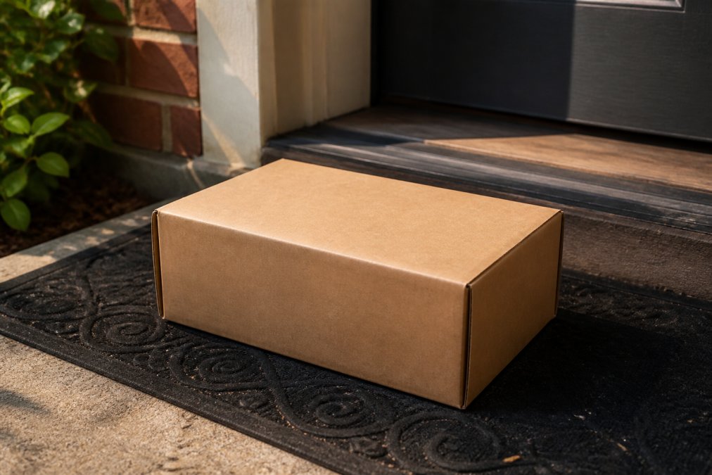 A plain brown cardboard box sitting on a doorstep, illustrating the concept of discreet packaging.