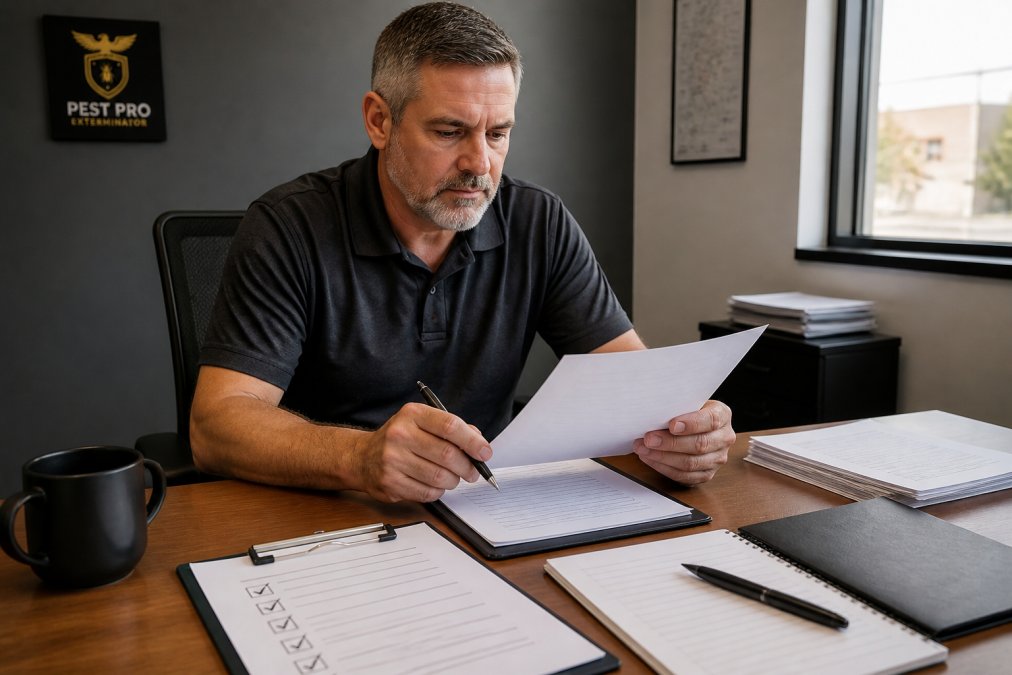 Facility manager reviewing credentials for discreet pest control for businesses at a desk.