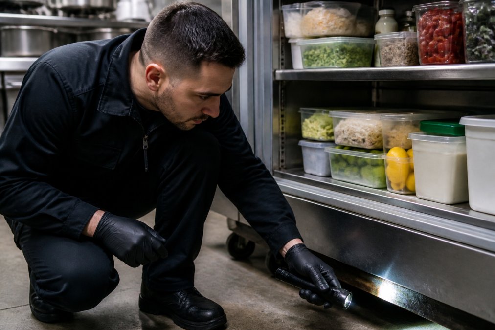 Close-up of technician examining food storage areas, seals, and entry points in professional kitchen environment with focused attention to hygiene and detail