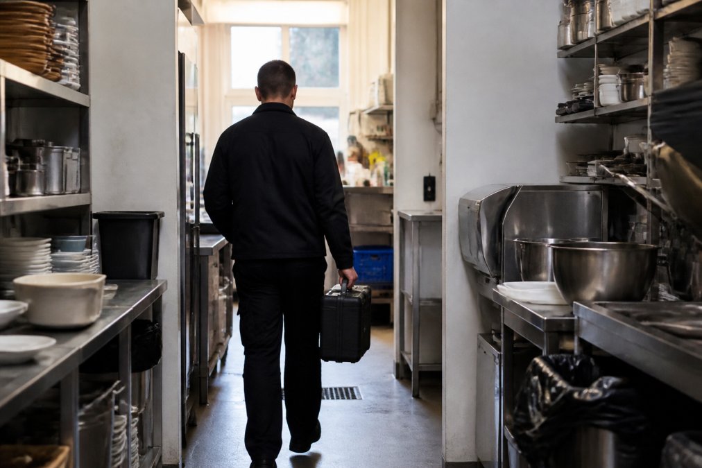 A professional pest control technician in plain dark workwear carrying a small inspection kit through the rear entrance of a cafe kitchen in the early morning, before service begins, soft natural light from a back window