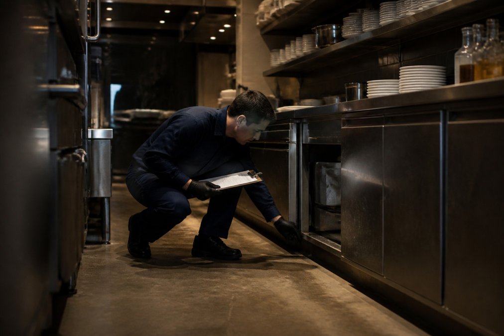 A pest control technician in a plain unbranded uniform inspecting behind a hotel kitchen counter at night with a clipboard, dim service lighting, no branded vehicle visible outside