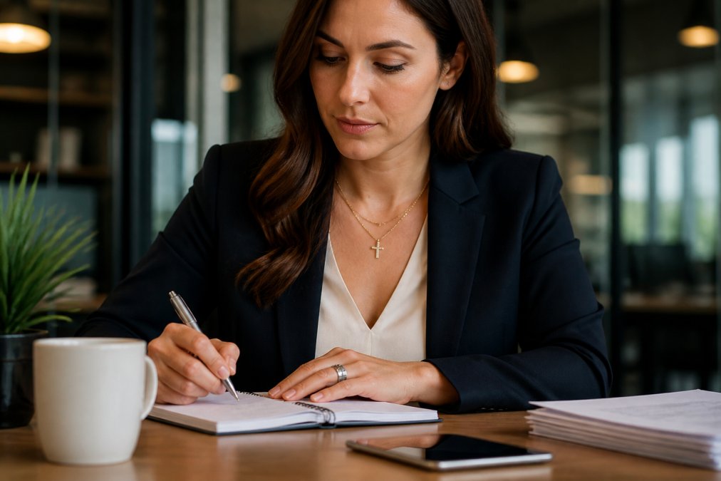 Professional woman at her desk wearing a subtle gold cross necklace layered with a delicate chain, visible above her business blazer, with natural office lighting