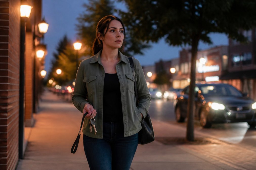 Confident woman walking at dusk with a discreet self defense keychain attached to her wristlet