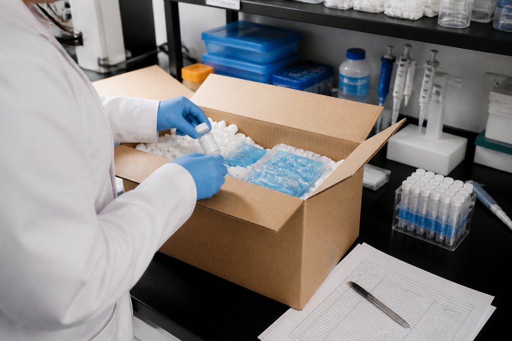 Laboratory technician carefully packing research materials into an unmarked cardboard box with protective padding and temperature-controlled phase-change materials visible on a clean lab bench with precise documentation forms