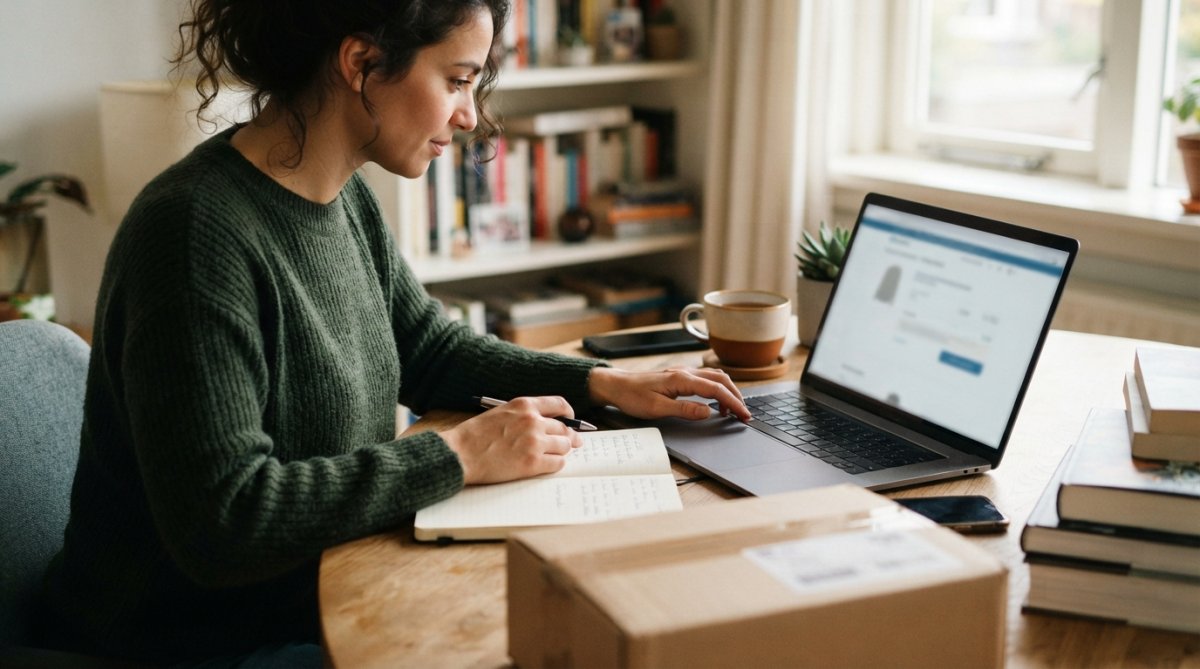 Persoon die voorzichtig op een laptop een online bestelproces voltooit, met een kop thee en notitieboek op het bureau, wat vertrouwen en gemak uitstraalt