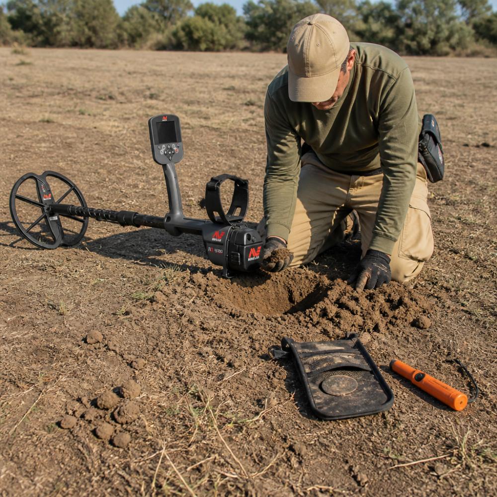 A metal detectorist kneeling in a dry dirt field, swinging a detector coil low over the ground, examining a freshly dug hole with a small finds pouch and orange pinpointer resting nearby in afternoon light