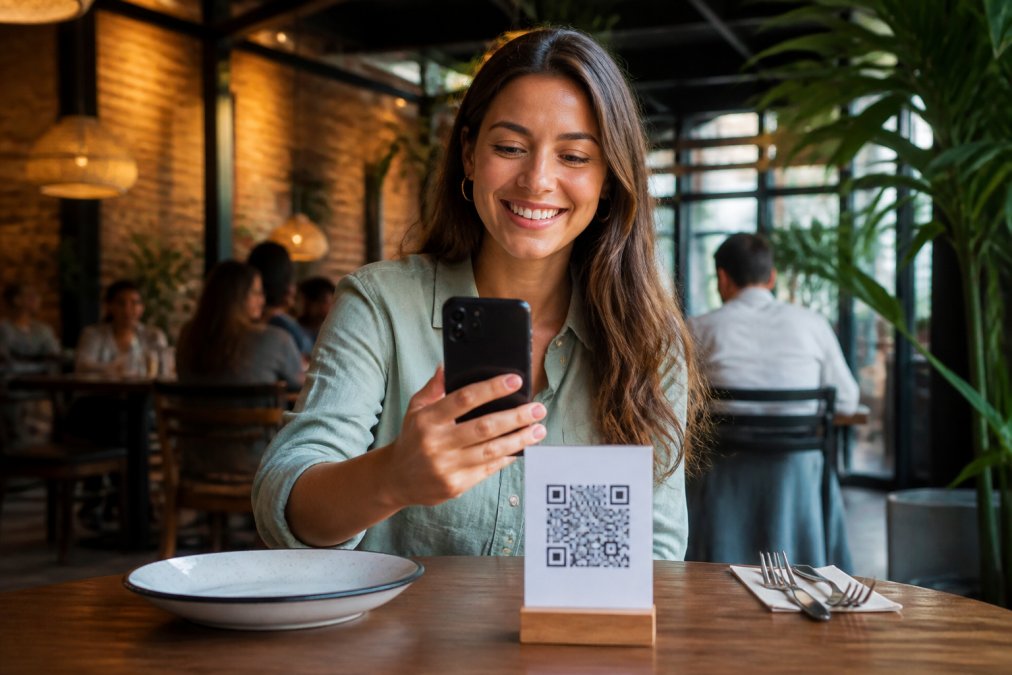 Comensal sonriente escaneando un código QR en la mesa de un restaurante moderno y bien iluminado, con su smartphone en la mano